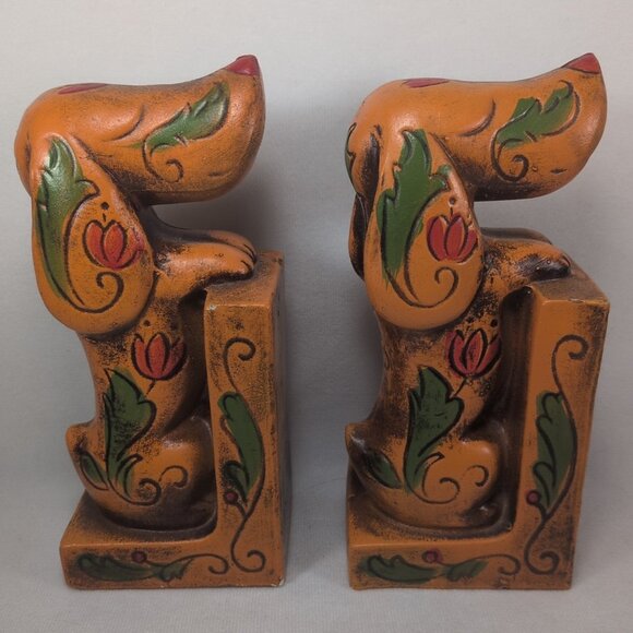 VTG 1950s Ceramic Arnart Creations Dachshund Japan Bookends Orange Rose Floral - Picture 1 of 10